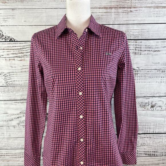 Vineyard Vines Blouse Shirt size 0 Pink Navy Blue Gingham Check Whale Casual - Picture 2 of 8